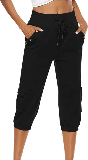 MINzYI Linen Pants for Women High Waisted Wide Leg Capris Summer Casual Button Elastic Waist Cropped Trousers with Pockets