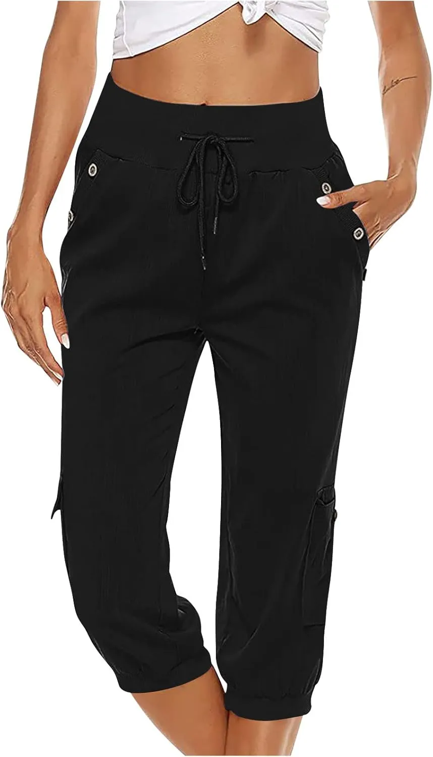 MINzYI Linen Pants for Women High Waisted Wide Leg Capris Summer Casual Button Elastic Waist Cropped Trousers with Pockets