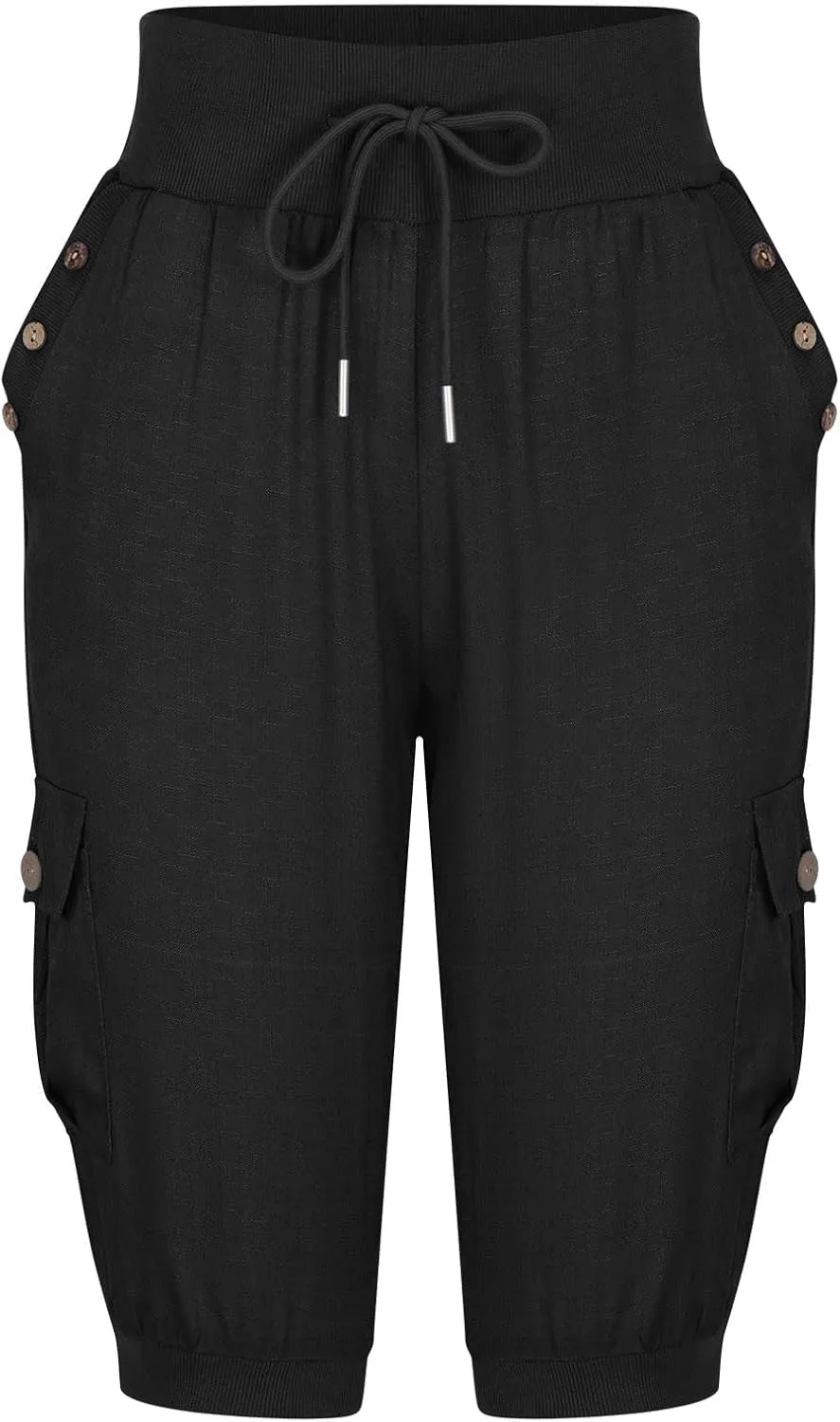 MINzYI Linen Pants for Women High Waisted Wide Leg Capris Summer Casual Button Elastic Waist Cropped Trousers with Pockets