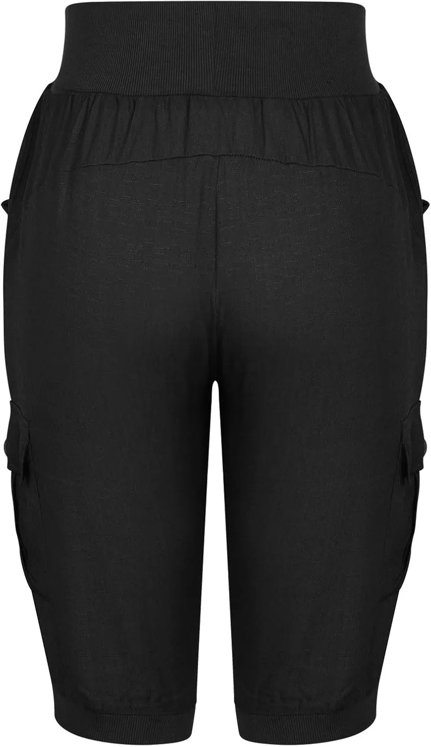 MINzYI Linen Pants for Women High Waisted Wide Leg Capris Summer Casual Button Elastic Waist Cropped Trousers with Pockets