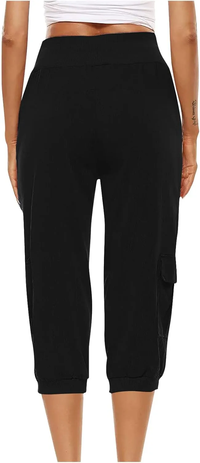 MINzYI Linen Pants for Women High Waisted Wide Leg Capris Summer Casual Button Elastic Waist Cropped Trousers with Pockets