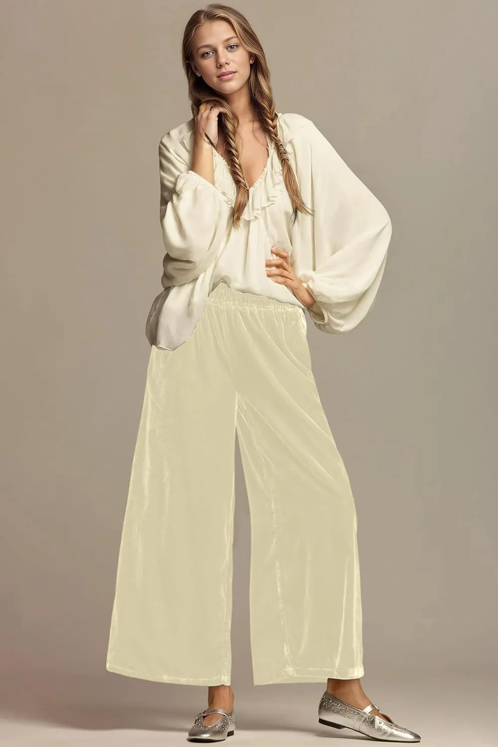 MISSACTIVER Women High Waisted Velvet Pants Loose Fit Wide Leg Lounge Pant Smocked Waist Trousers Palazzo Pants with Pockets