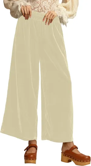 MISSACTIVER Women High Waisted Velvet Pants Loose Fit Wide Leg Lounge Pant Smocked Waist Trousers Palazzo Pants with Pockets