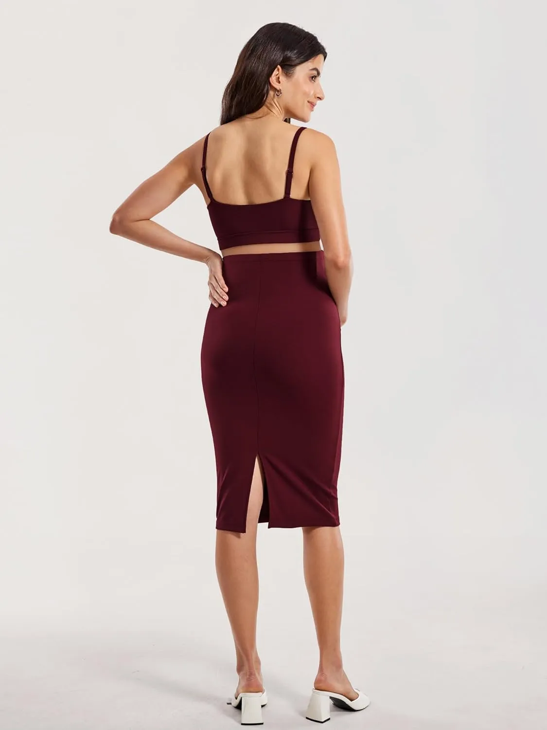 MOMANDA Women' s Maternity Skirt High Waist Midi Pencil Skirt with Slit Stretchy Pregnancy Casual