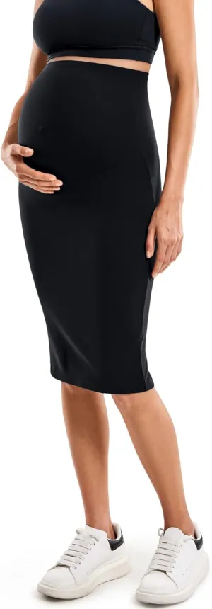 MOMANDA Women' s Maternity Skirt High Waist Midi Pencil Skirt with Slit Stretchy Pregnancy Casual