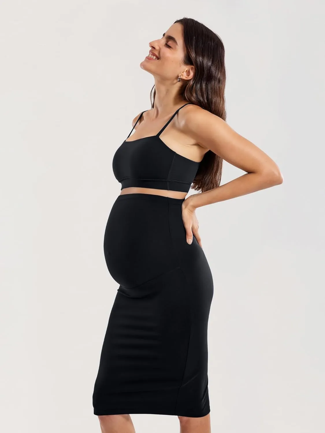 MOMANDA Women' s Maternity Skirt High Waist Midi Pencil Skirt with Slit Stretchy Pregnancy Casual