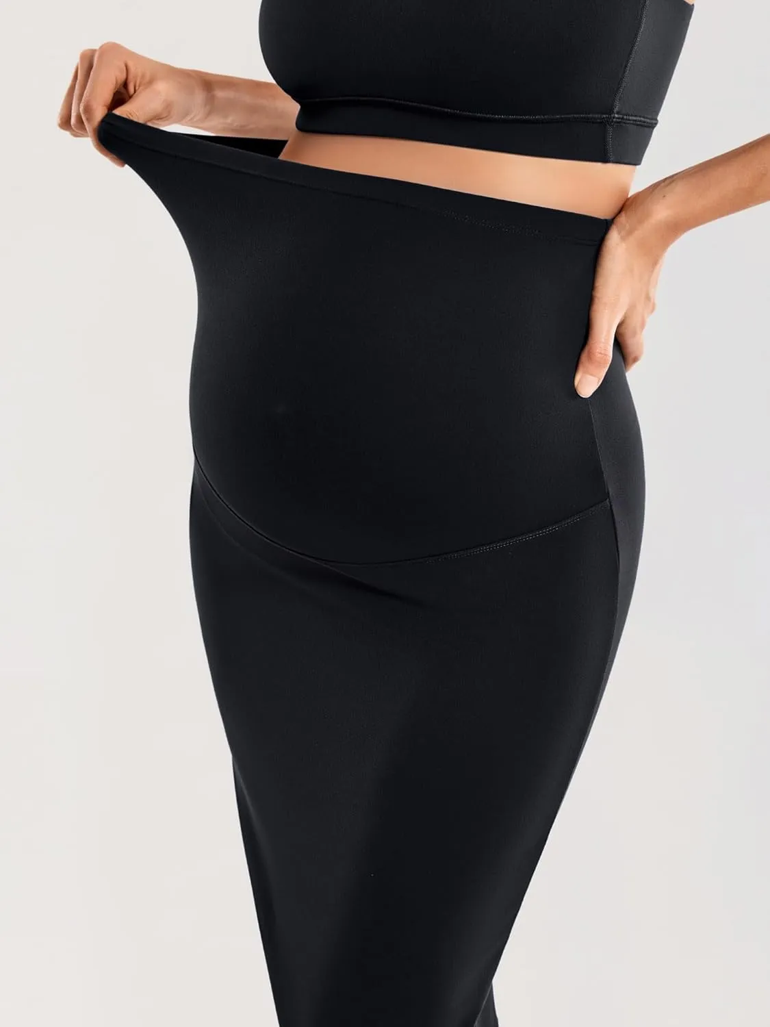 MOMANDA Women' s Maternity Skirt High Waist Midi Pencil Skirt with Slit Stretchy Pregnancy Casual