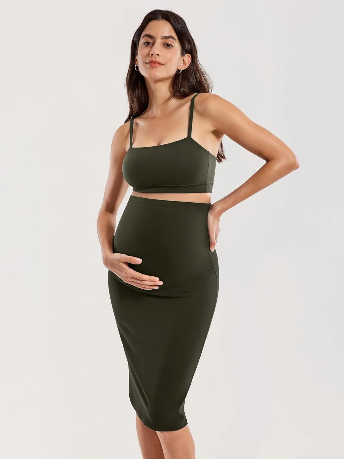 MOMANDA Women' s Maternity Skirt High Waist Midi Pencil Skirt with Slit Stretchy Pregnancy Casual