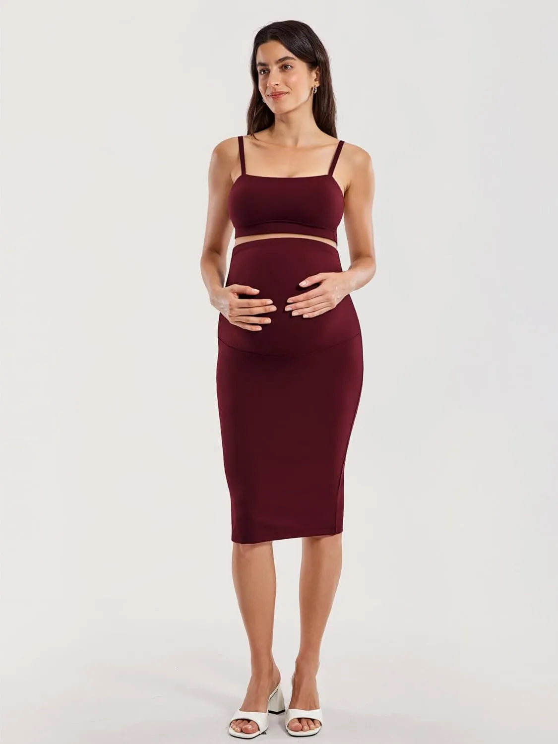 MOMANDA Women' s Maternity Skirt High Waist Midi Pencil Skirt with Slit Stretchy Pregnancy Casual