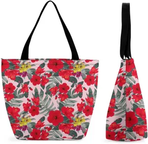 Monstera Green Leaf Frangipani Flowers Hobo Handbags With Zipper Women's Tote Handbags