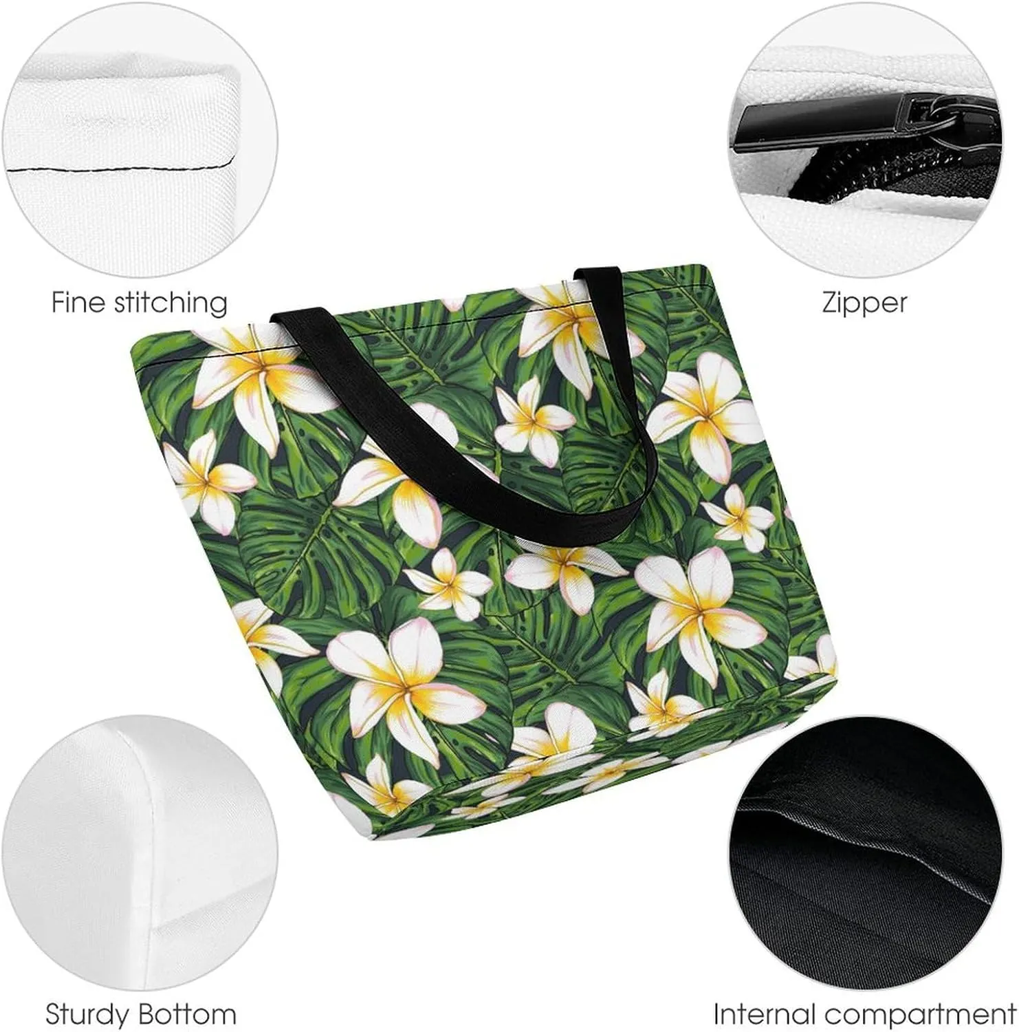 Monstera Green Leaf Frangipani Flowers Hobo Handbags With Zipper Women's Tote Handbags