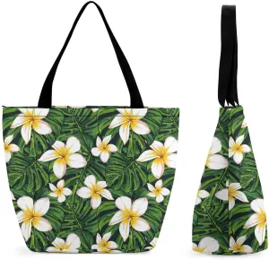 Monstera Green Leaf Frangipani Flowers Hobo Handbags With Zipper Women's Tote Handbags