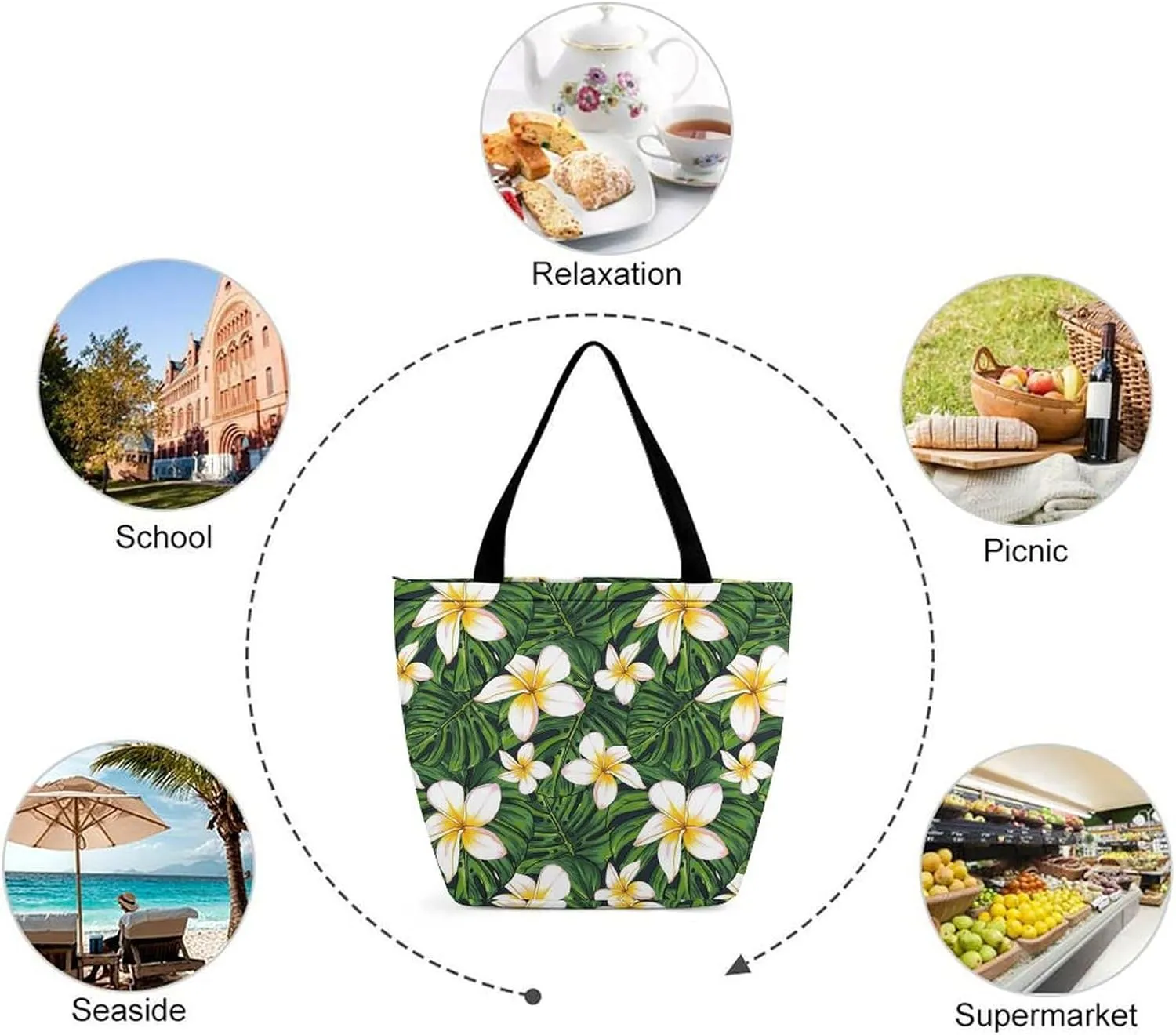 Monstera Green Leaf Frangipani Flowers Hobo Handbags With Zipper Women's Tote Handbags