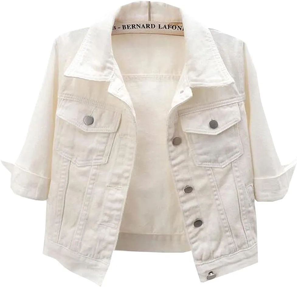 MYtodo Women's Colored Short Denim Jacket Seven-point Sleeve Jean Jacket Shawl Tops