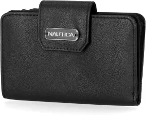 Nautica Womens, Close Reach Vegan Leather RFID Wallet, Small Credit Card Holder Purse with Zipper Coin Pocket and ID Window in Black