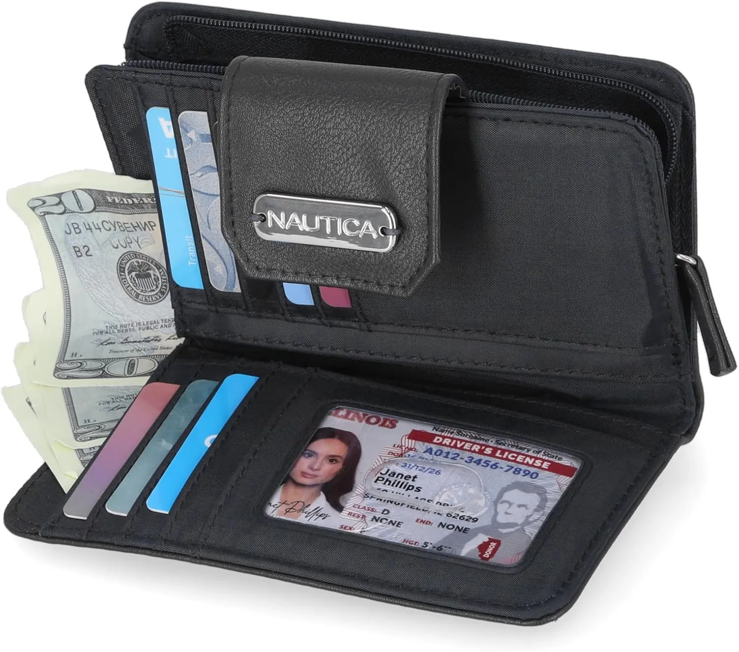Nautica Womens, Close Reach Vegan Leather RFID Wallet, Small Credit Card Holder Purse with Zipper Coin Pocket and ID Window in Black