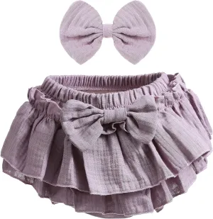 Newborn Baby Girl Cotton Skirts with Built-in Shorts Toddlers Ruffle Diaper Covers Infant Skorts with Bows Headband Set