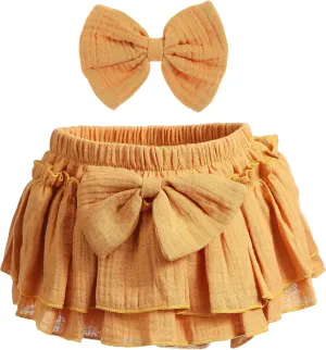 Newborn Baby Girl Cotton Skirts with Built-in Shorts Toddlers Ruffle Diaper Covers Infant Skorts with Bows Headband Set
