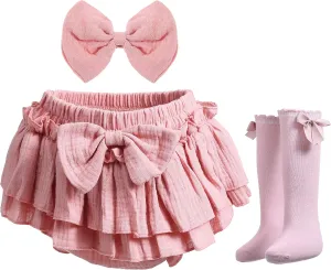 Newborn Baby Girl Cotton Skirts with Built-in Shorts Toddlers Ruffle Diaper Covers Infant Skorts with Bows Headband Set