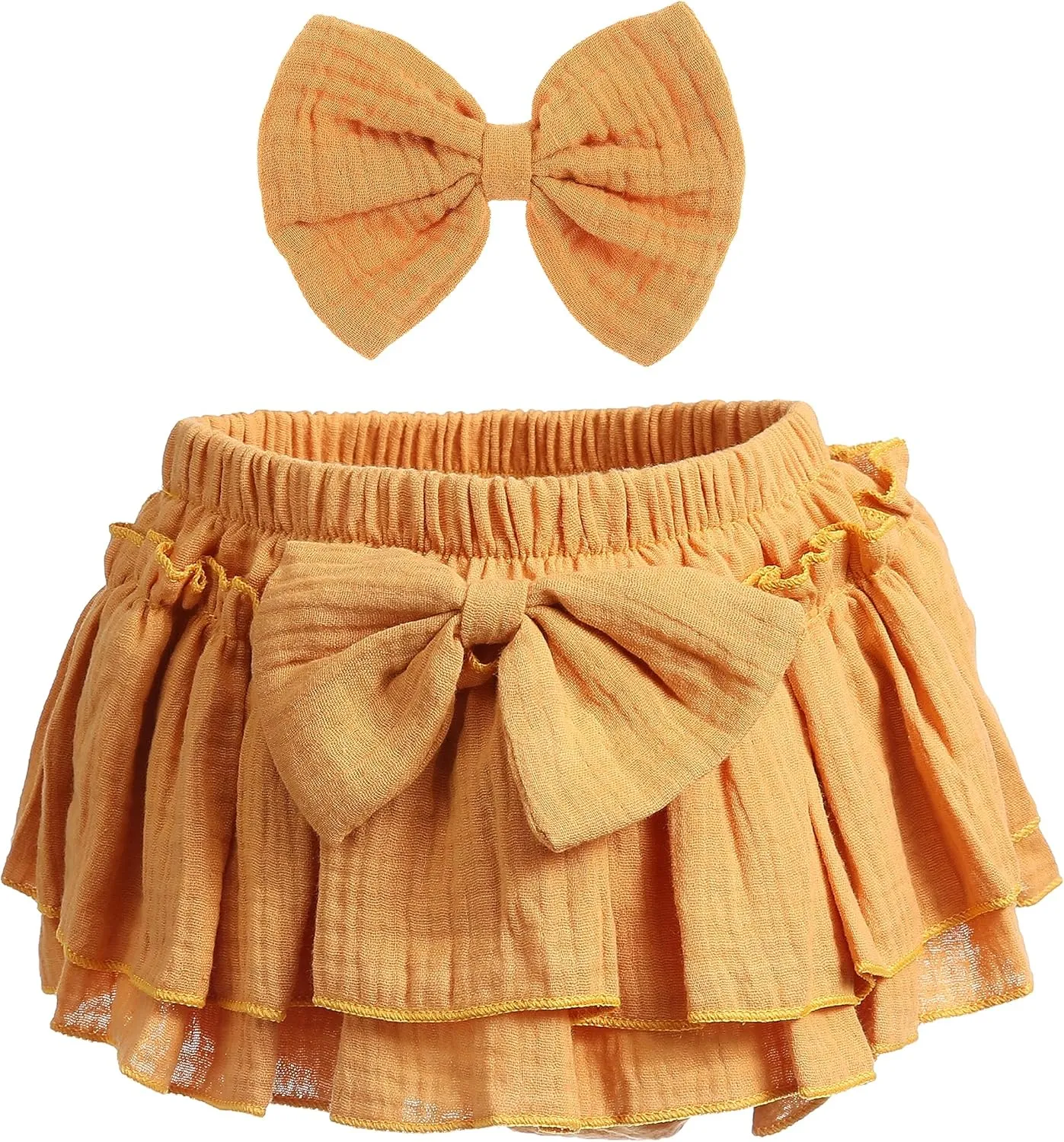 Newborn Baby Girl Cotton Skirts with Built-in Shorts Toddlers Ruffle Diaper Covers Infant Skorts with Bows Headband Set