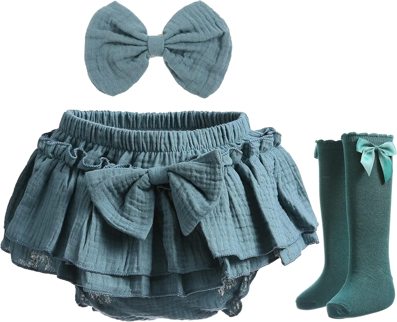 Newborn Baby Girl Cotton Skirts with Built-in Shorts Toddlers Ruffle Diaper Covers Infant Skorts with Bows Headband Set