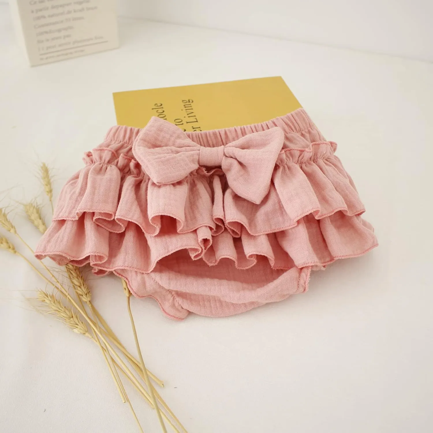 Newborn Baby Girl Cotton Skirts with Built-in Shorts Toddlers Ruffle Diaper Covers Infant Skorts with Bows Headband Set