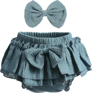 Newborn Baby Girl Cotton Skirts with Built-in Shorts Toddlers Ruffle Diaper Covers Infant Skorts with Bows Headband Set