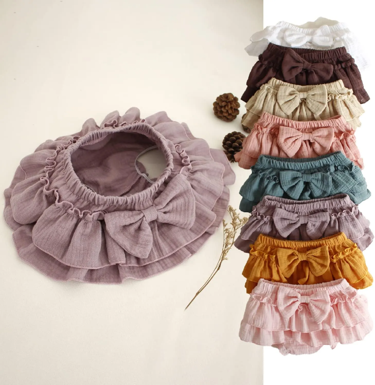 Newborn Baby Girl Cotton Skirts with Built-in Shorts Toddlers Ruffle Diaper Covers Infant Skorts with Bows Headband Set