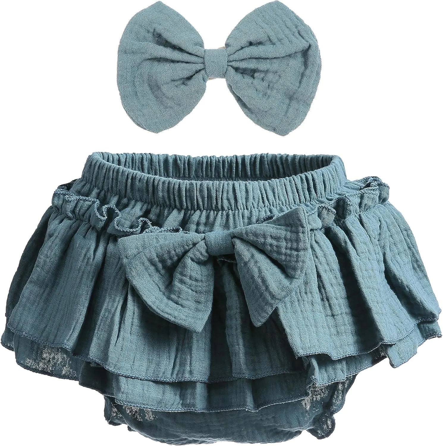Newborn Baby Girl Cotton Skirts with Built-in Shorts Toddlers Ruffle Diaper Covers Infant Skorts with Bows Headband Set
