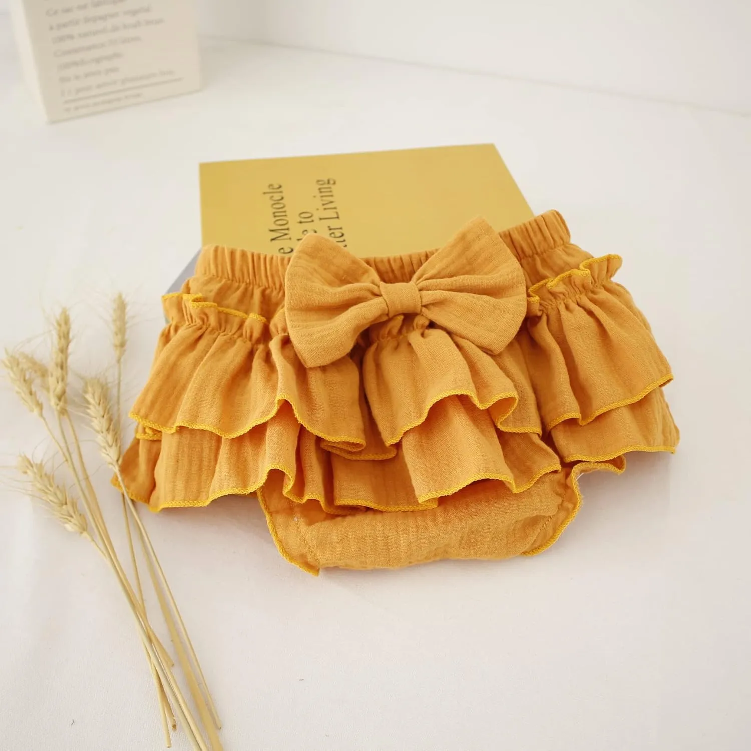 Newborn Baby Girl Cotton Skirts with Built-in Shorts Toddlers Ruffle Diaper Covers Infant Skorts with Bows Headband Set