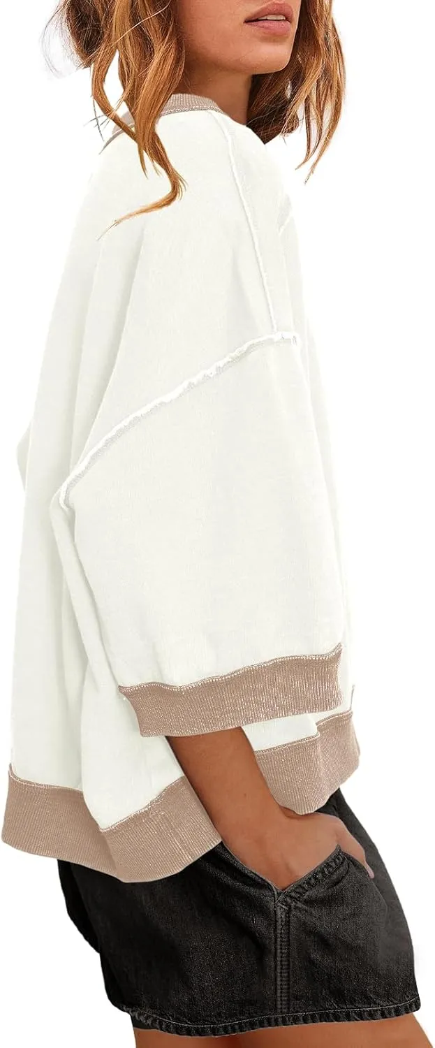 Nirovien Womens Oversized Sweatshirt 3/4 Sleeve Crewneck Sweatshirts Summer Color Block Pullover Tops