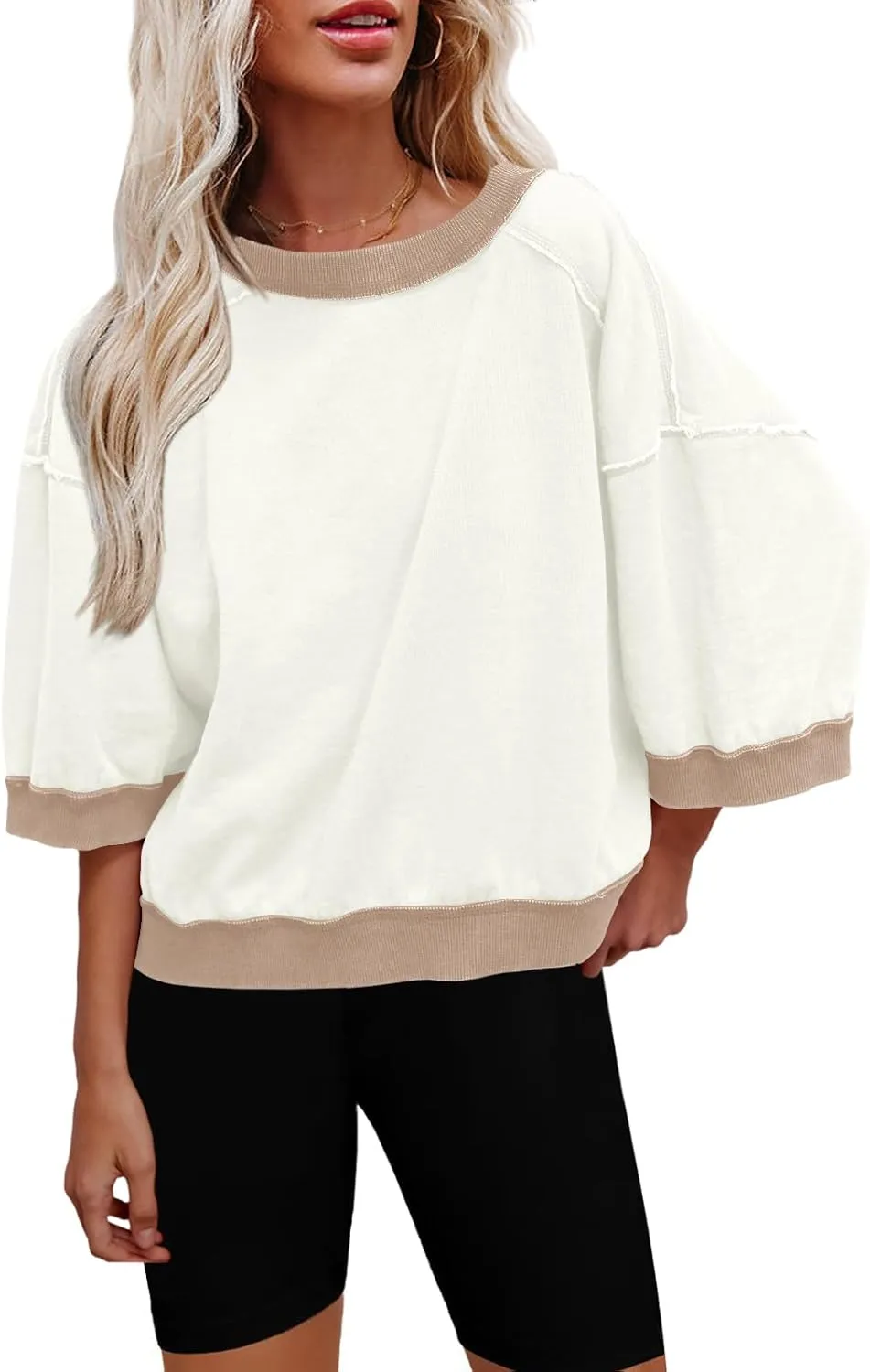 Nirovien Womens Oversized Sweatshirt 3/4 Sleeve Crewneck Sweatshirts Summer Color Block Pullover Tops