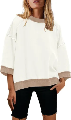 Nirovien Womens Oversized Sweatshirt 3/4 Sleeve Crewneck Sweatshirts Summer Color Block Pullover Tops