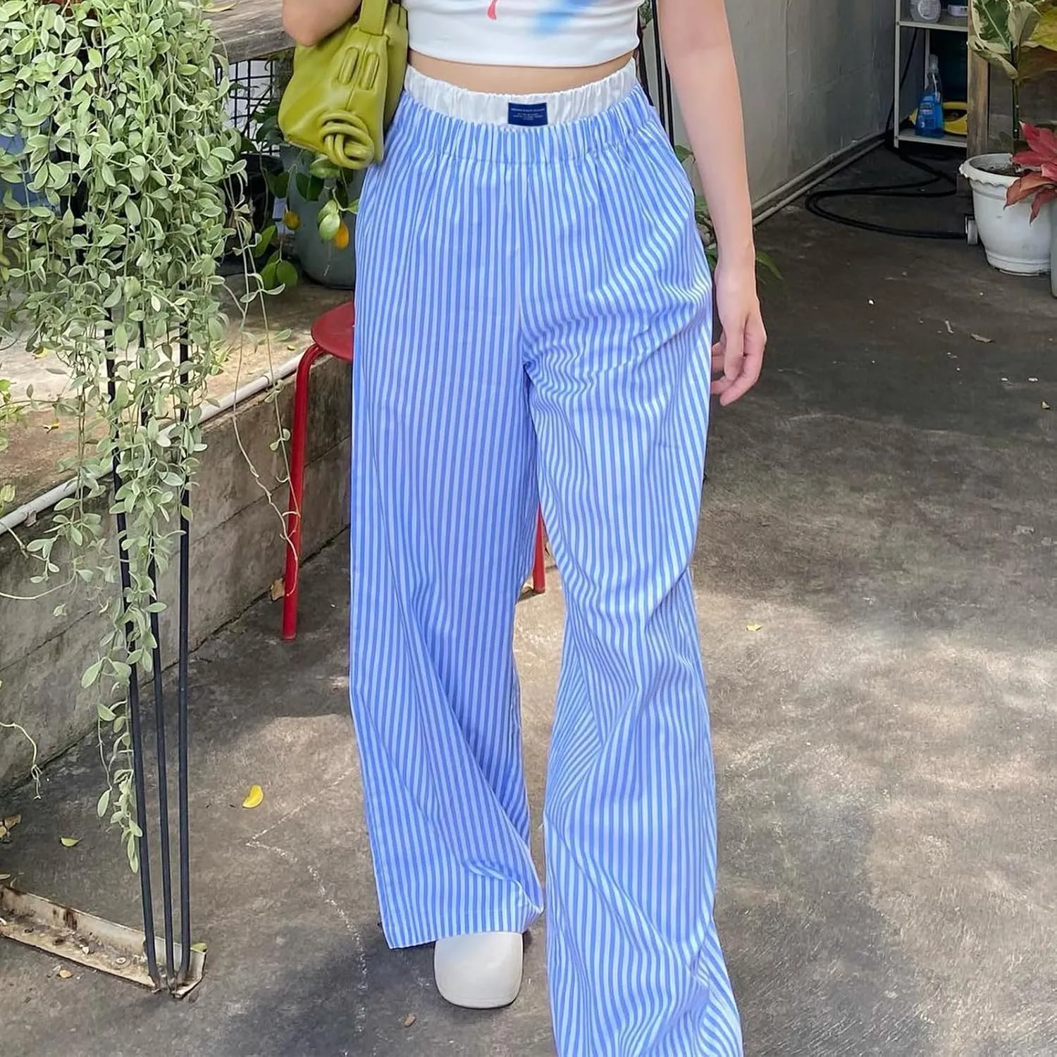 NUFIWI Women Y2k Lounge Pants High Waist Striped Printed Wide Leg Pants Summer Casual Going Out Pants with Pocket