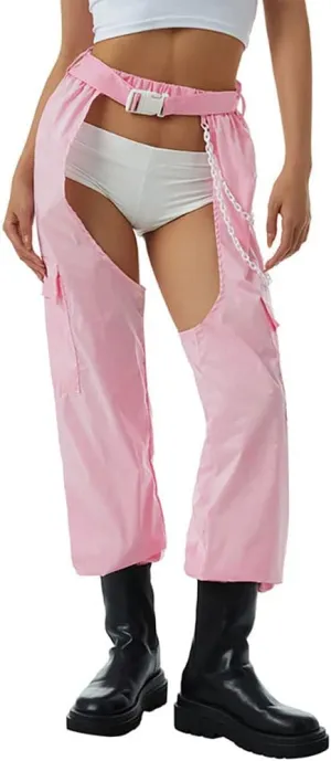 OBEEII Women's Sexy Buckle Bottomless Pants High Waist Rave Hiphop Punk Rock Crotch Hollow Out Cargo Pants Trousers