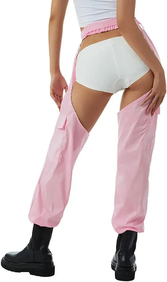 OBEEII Women's Sexy Buckle Bottomless Pants High Waist Rave Hiphop Punk Rock Crotch Hollow Out Cargo Pants Trousers