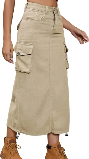 ODASDO Long Cargo Skirts for Women Denim Skirts Split Back Drawstring Maxi Skirt Casual Cargo Skirt with Pockets