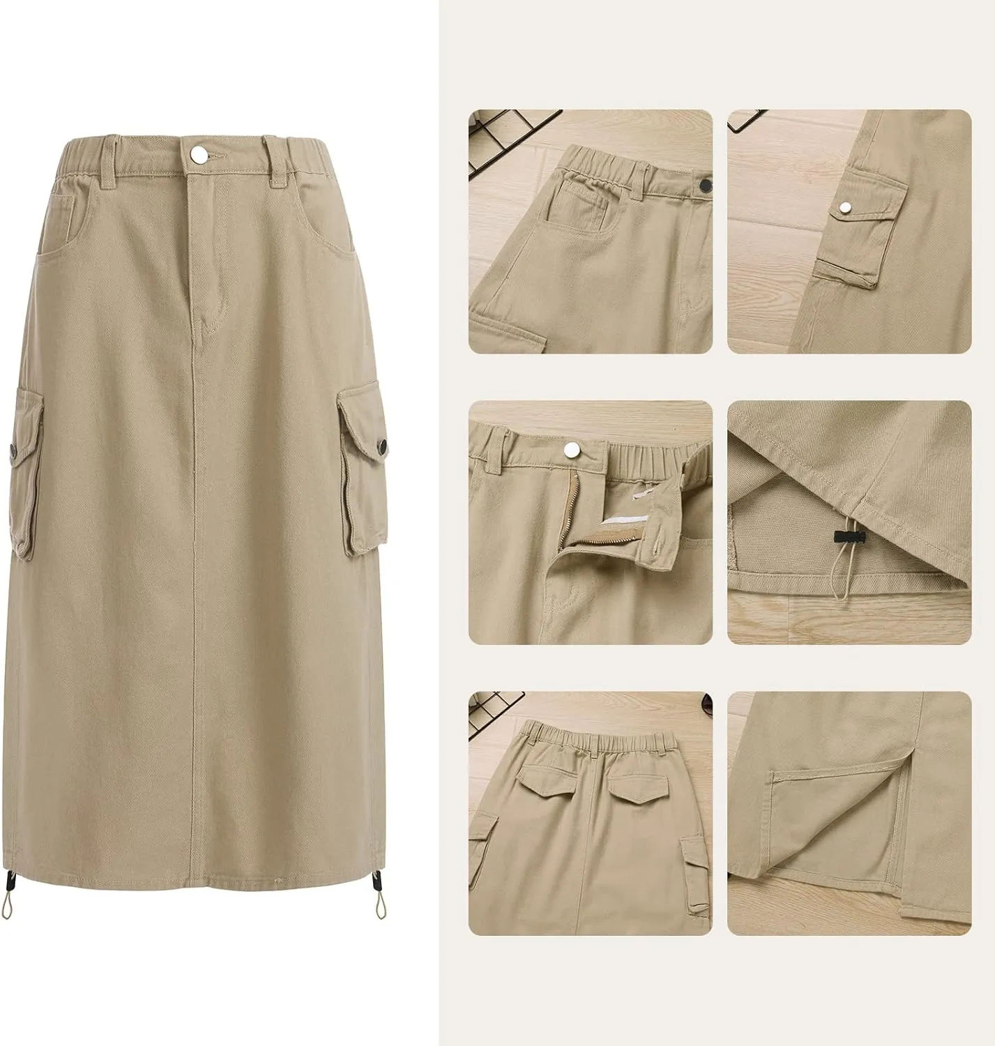ODASDO Long Cargo Skirts for Women Denim Skirts Split Back Drawstring Maxi Skirt Casual Cargo Skirt with Pockets