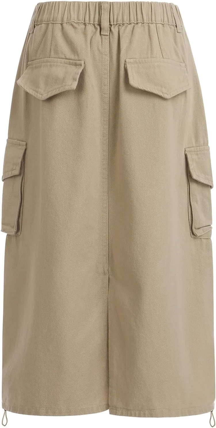 ODASDO Long Cargo Skirts for Women Denim Skirts Split Back Drawstring Maxi Skirt Casual Cargo Skirt with Pockets