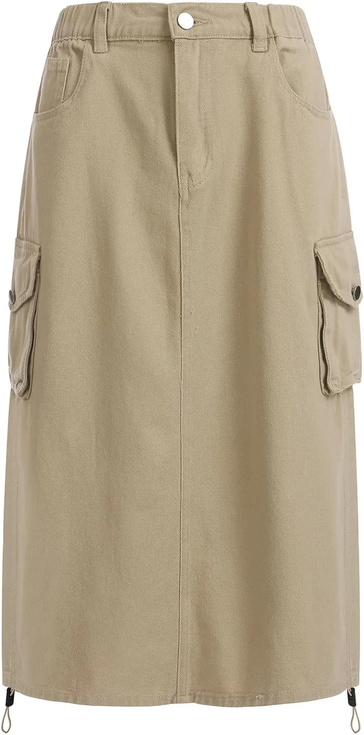 ODASDO Long Cargo Skirts for Women Denim Skirts Split Back Drawstring Maxi Skirt Casual Cargo Skirt with Pockets
