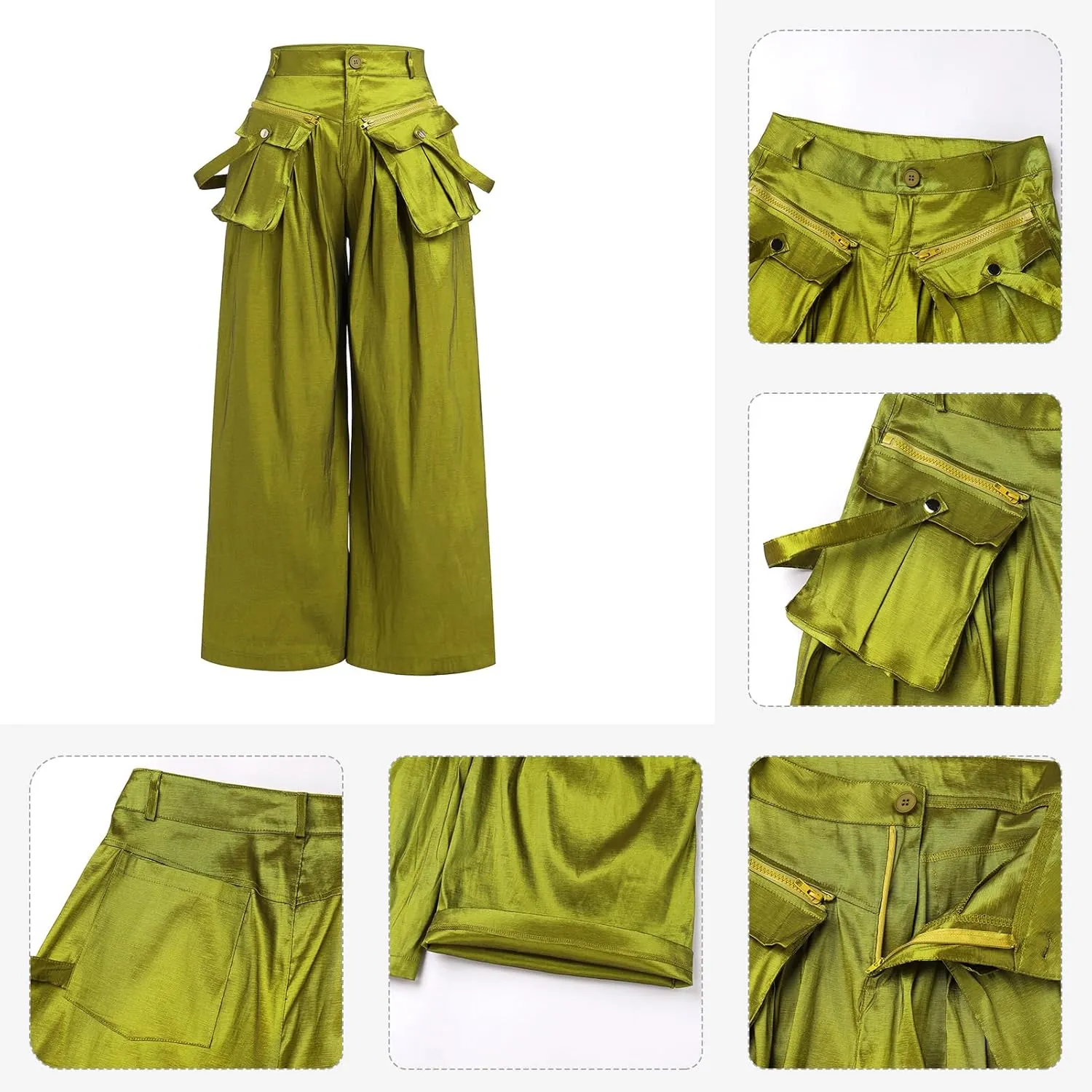 ODIZLI Women's High Rise Wide Leg Satin Cargo Pants Flowy Trousers with Pockets Palazzo Pants Y2K Hip Hop Pants