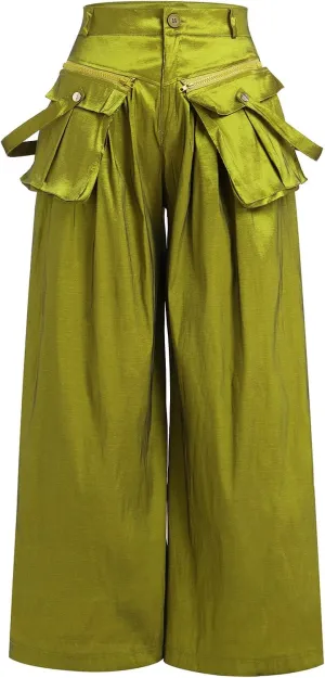 ODIZLI Women's High Rise Wide Leg Satin Cargo Pants Flowy Trousers with Pockets Palazzo Pants Y2K Hip Hop Pants