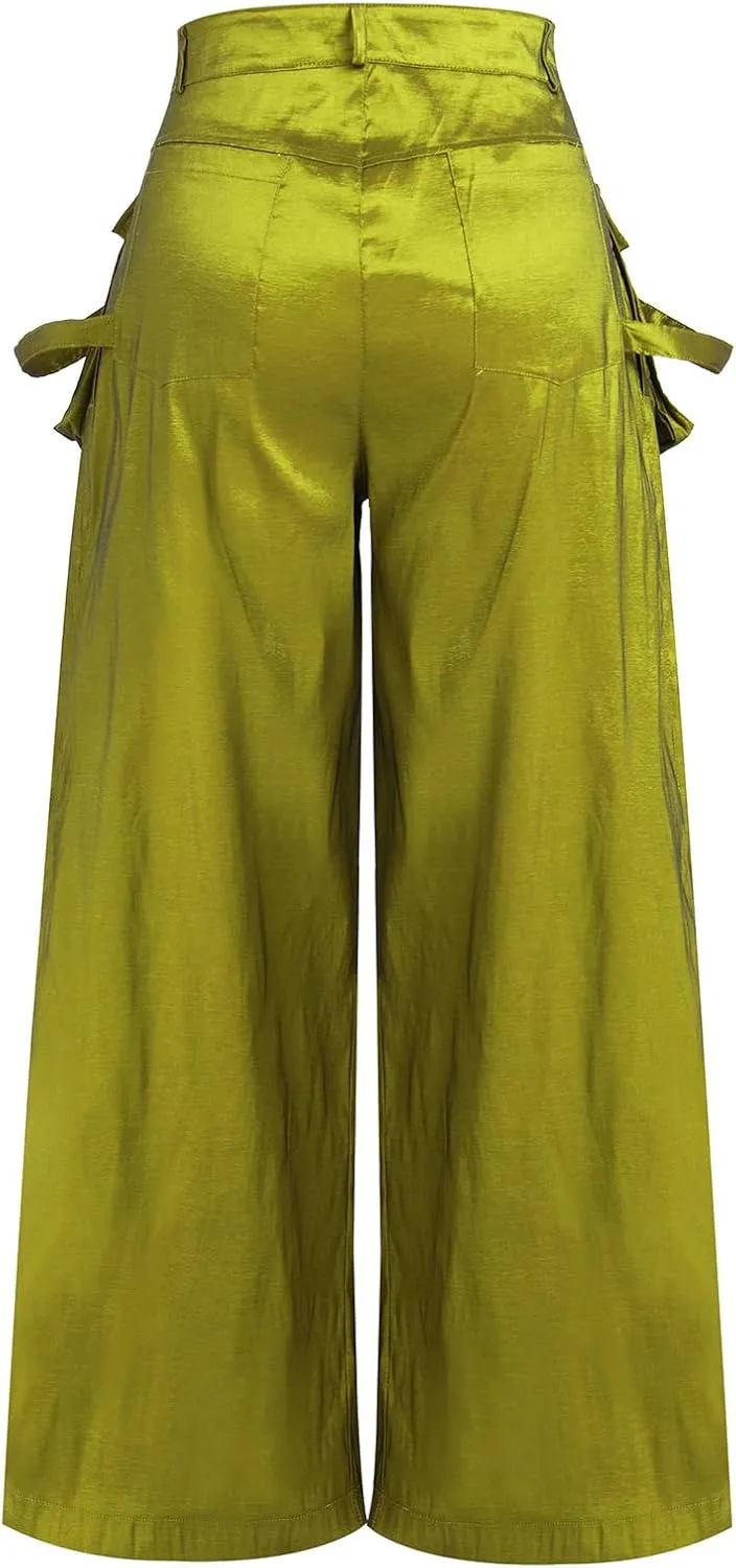 ODIZLI Women's High Rise Wide Leg Satin Cargo Pants Flowy Trousers with Pockets Palazzo Pants Y2K Hip Hop Pants