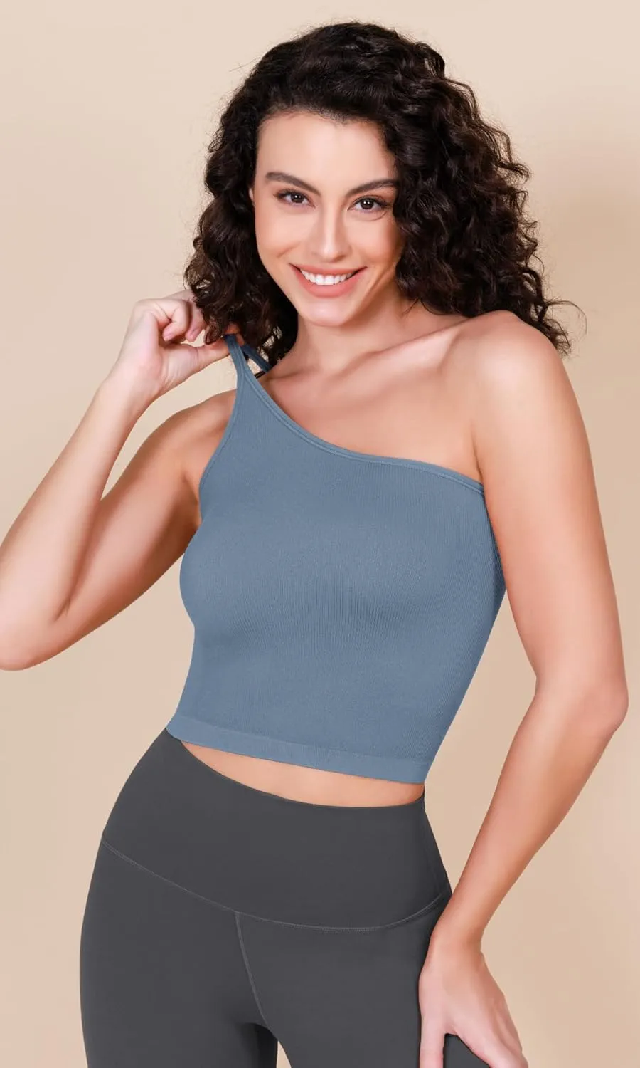 ODODOS One Shoulder Crop Cami Tank for Women Seamless Ribbed Asymmetric Cropped Tops