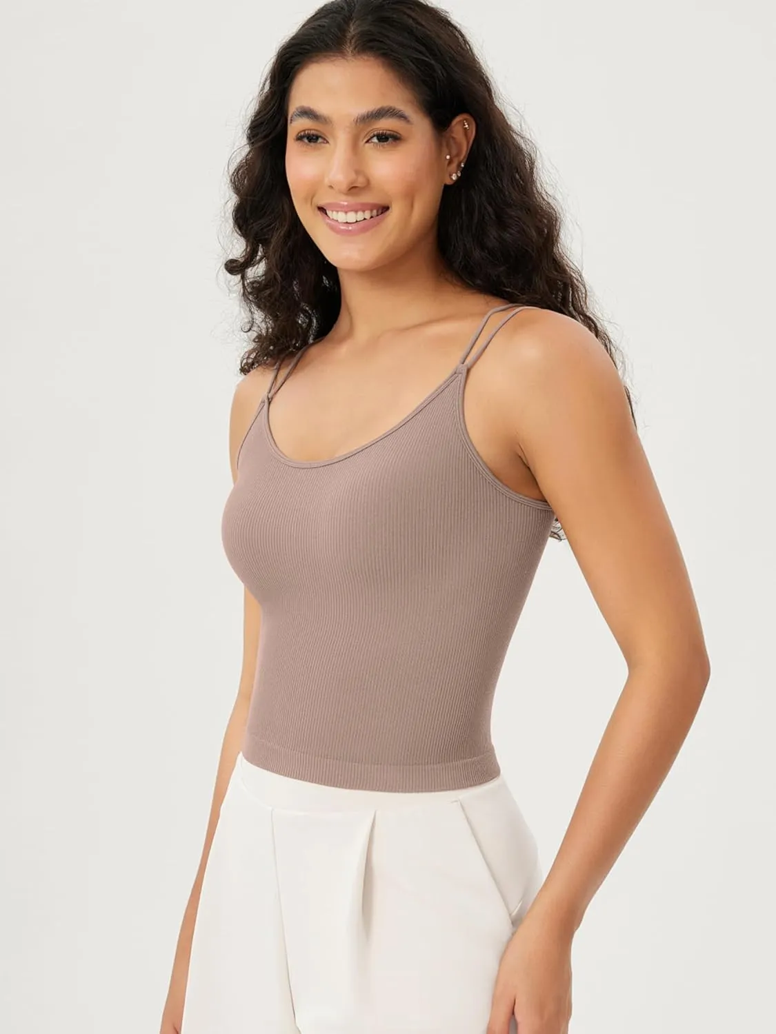 ODODOS Women's Crop Seamless Double Straps Cropped Tank Tops V Back Ribbed Camisole