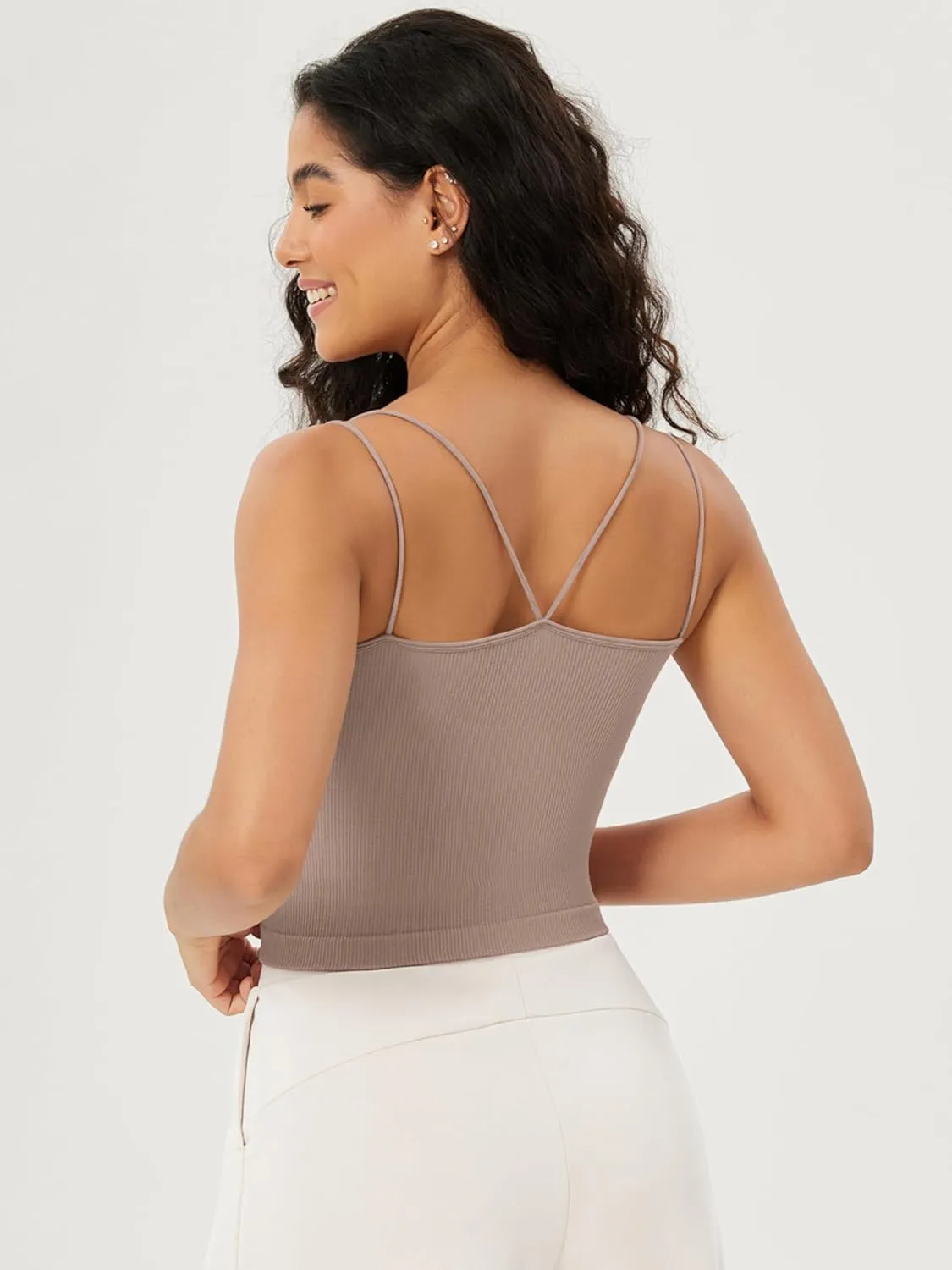 ODODOS Women's Crop Seamless Double Straps Cropped Tank Tops V Back Ribbed Camisole