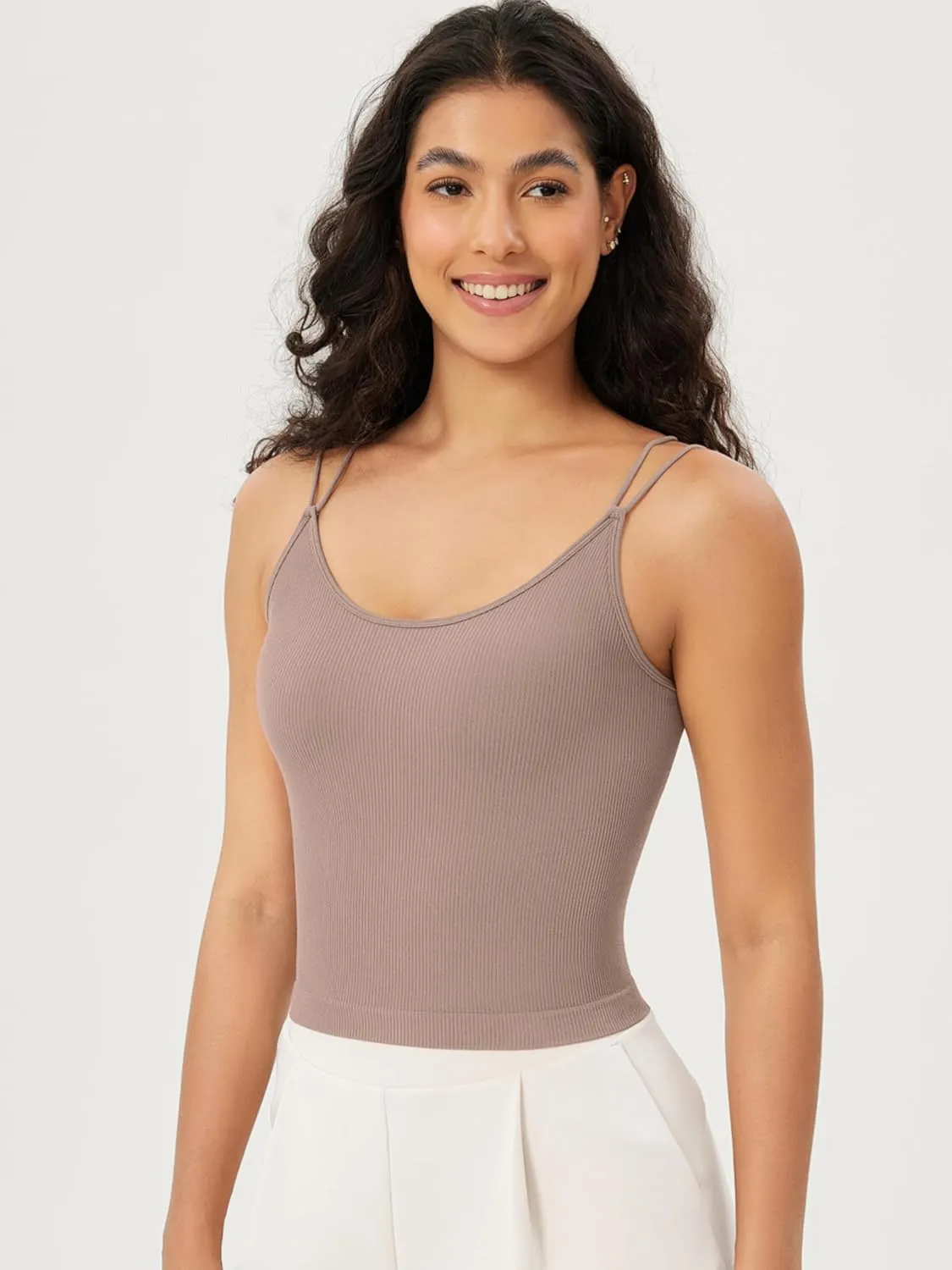 ODODOS Women's Crop Seamless Double Straps Cropped Tank Tops V Back Ribbed Camisole