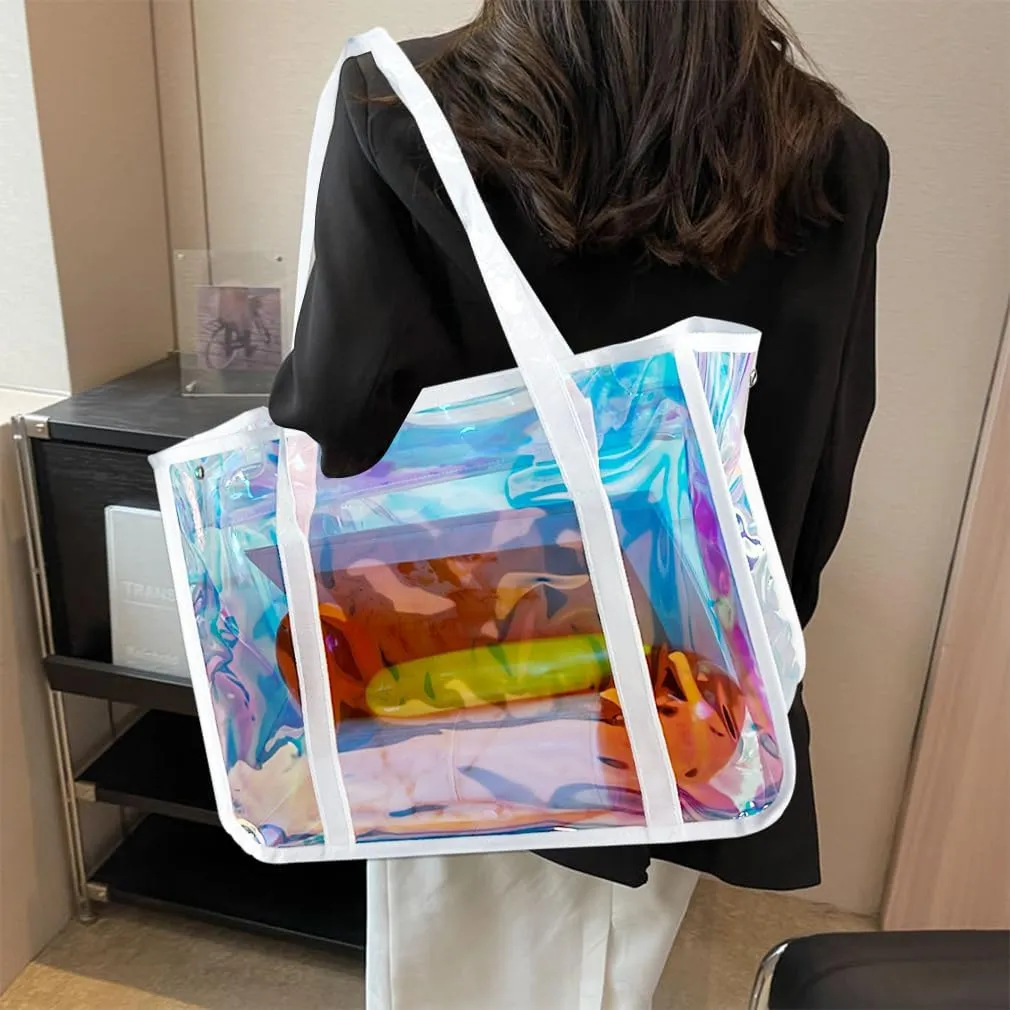 ONEART Holographic Clear Tote Bags, Waterproof Shoulder Bag, Clear Tote Bag with Zipper, Unisex Handbag