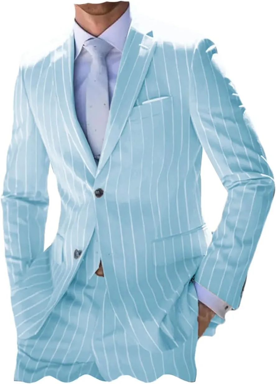 ORBITRAY Men's Pinstripe Suits 2 Pieces Notch Lapel Regular Fit Tuxedos Groomsmen for Wedding (Blazer Pants)