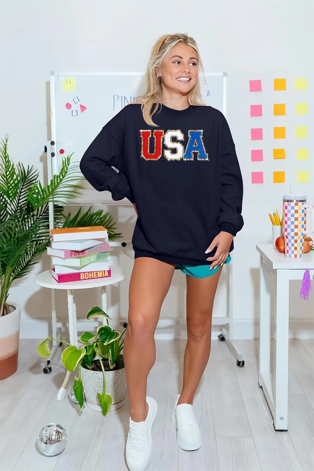 Oversized Usa Sweatshirt Women: Patriotic Tshirt 4th July Shirt Long Sleeve Casual Pullover Tops